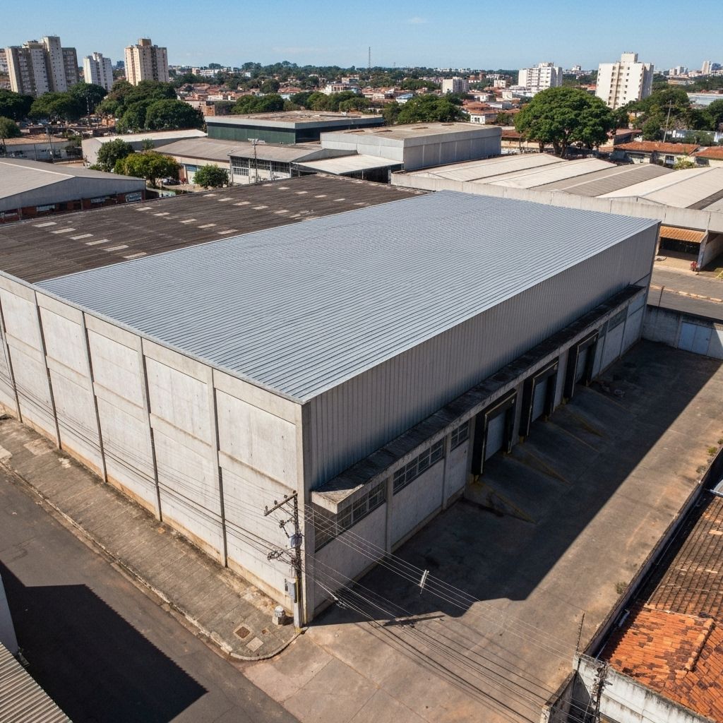 Galpão comercial com fachada simples e telhado metálico em área urbana brasileira